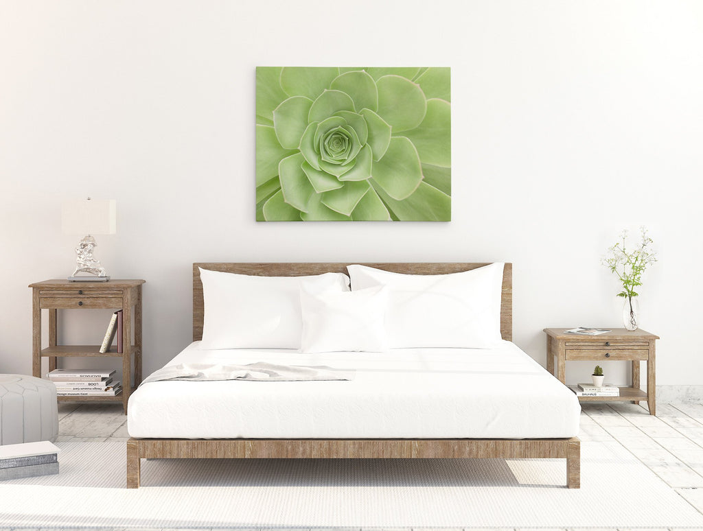 Green canvas wall art in a bedroom featuring a succulent plant