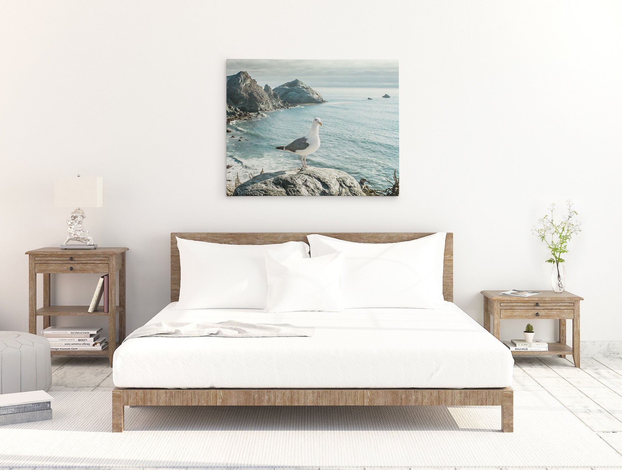 Bedroom canvas wall art featuring a coastal scene of a seagull on a rock in Big Sur