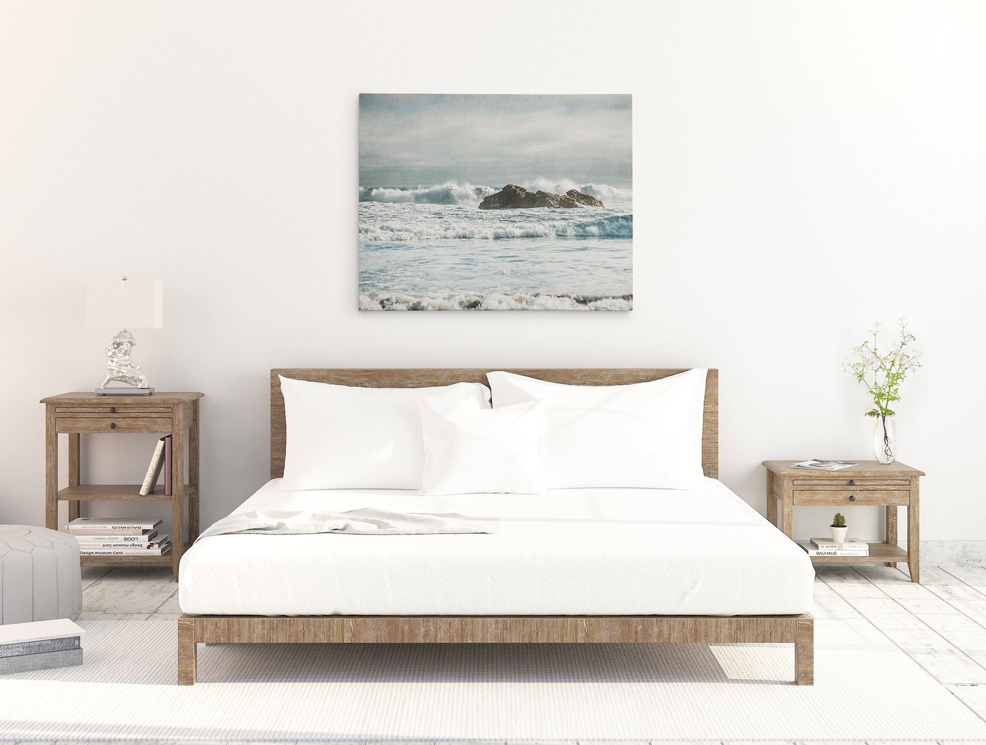Bedroom canvas wall art featuring a coastal scene of waves breaking over rocks