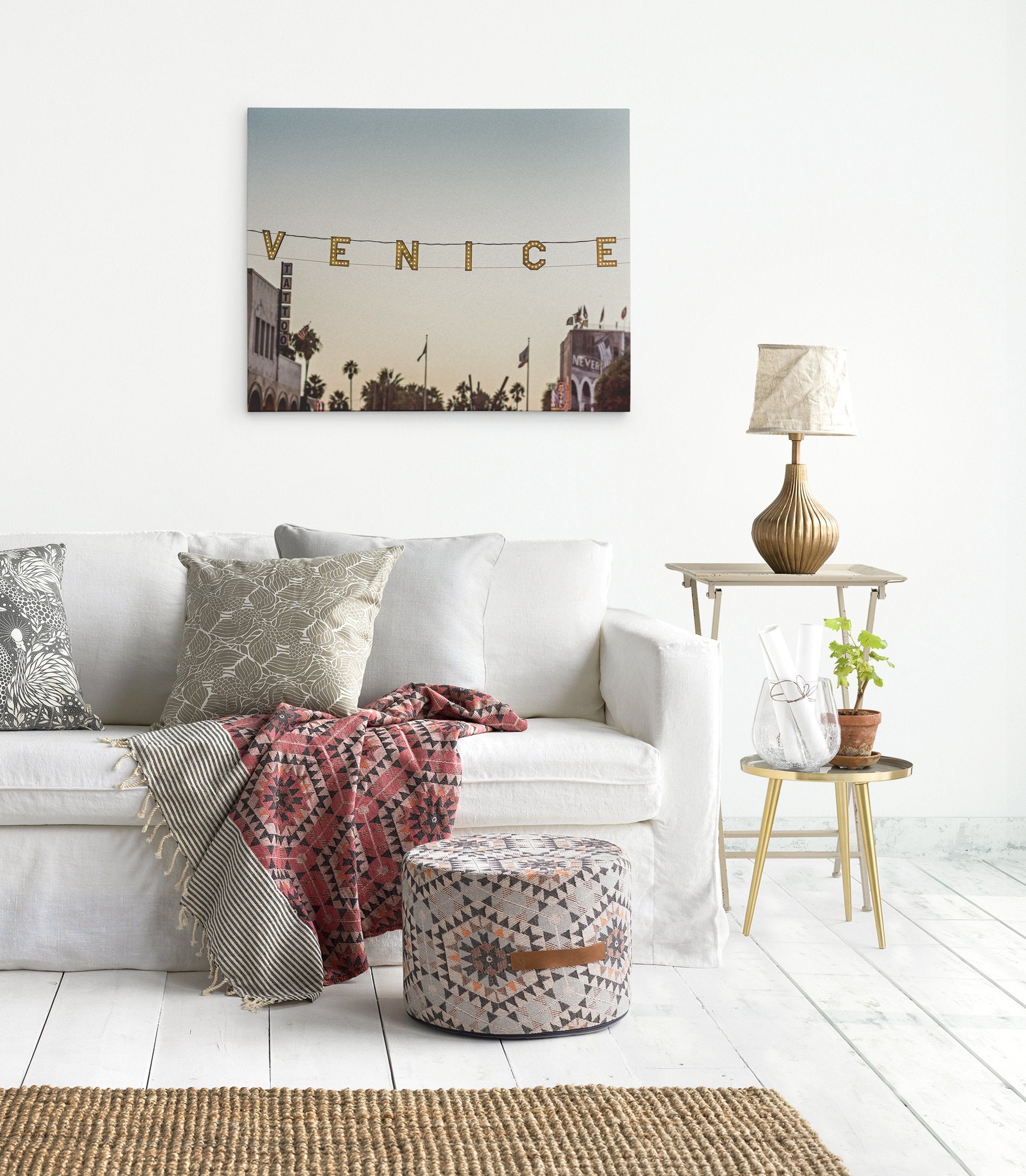 Canvas print of the Venice Beach sign in a Californian themed living room