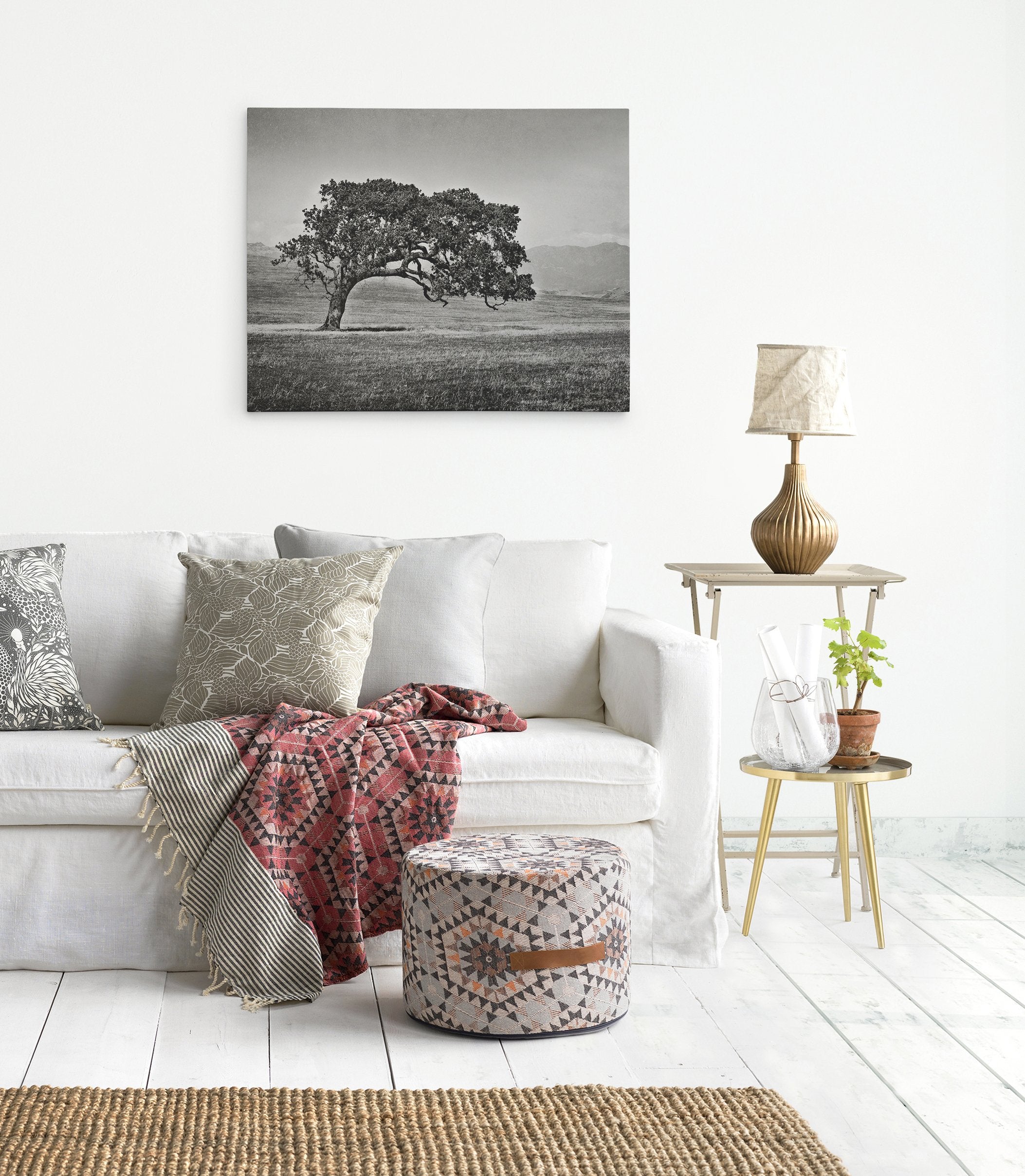 Californian Oak Tree Landscape Canvas, &#39;Windswept (Black and White)&#39;