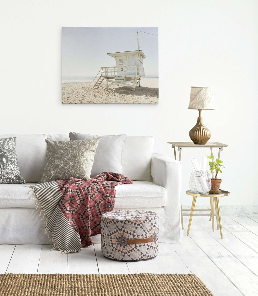 California themed living room wall art featuring a Malibu Lifeguard Tower print on canvas