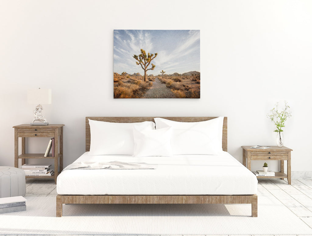 Joshua Tree canvas wall art print above a bed 